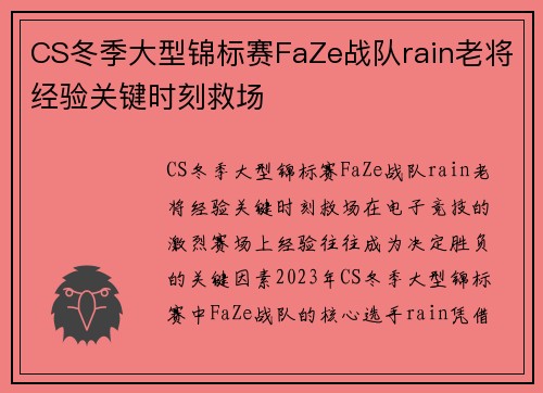 CS冬季大型锦标赛FaZe战队rain老将经验关键时刻救场